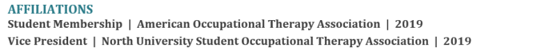 occupational therapy resume example - how to properly format the Affiliations section