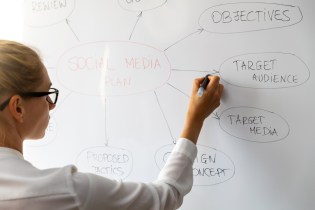 social media marketing woman drawing bubbles on a whiteboard of various marketing terms